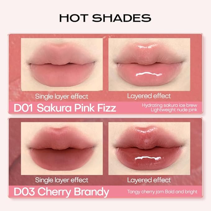 Mistine Lip Gloss Double Headed Lip Glaze Color Holding Lip Jelly Hydrating Gloss Moisturizing Balms Sheer Tint, Shine Glowy Matte Finish 0.05fl oz+0.05 fl oz D04 BERRY RED WINE