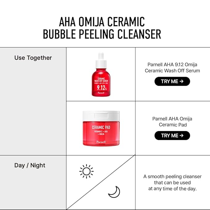 Parnell AHA Omija Ceramic Bubble Peeling Cleanser 6.08 fl oz | 2-in-1 Exfoliating & Pore Cleansing Foam | Sebum Control Gommage Texture | Smooth Clear Look K-Beauty