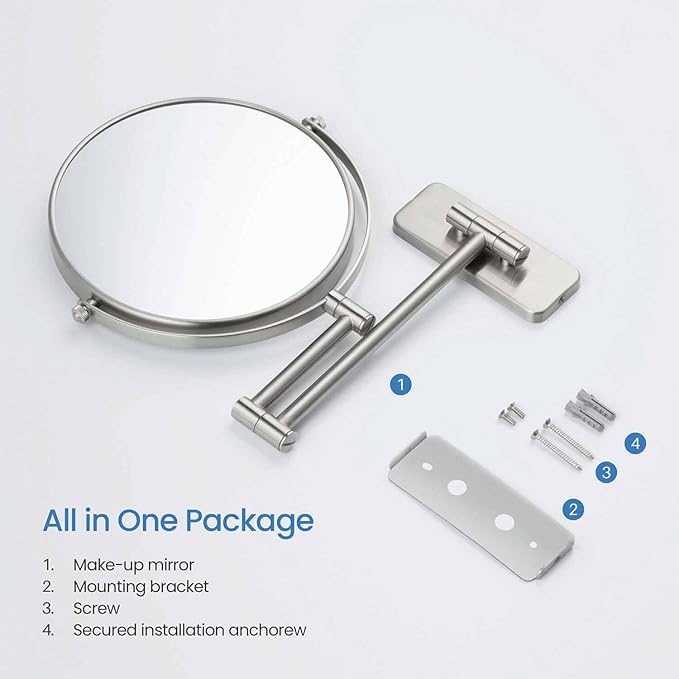KIBI Circular Wall Mount Makeup Mirror, Dual-Sided 1x/5x Magnifying Mirror with Extendable Arm, 360° Swivel, Solid Brass Construction for Durability and Style (Brushed Nickel, KMM100)