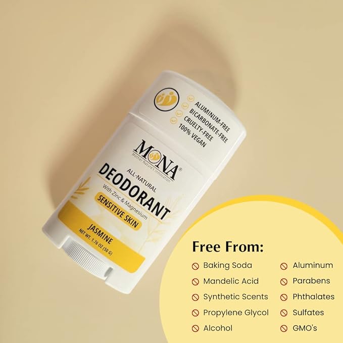 MONA BRANDS All Natural Deodorant For Women & Men | For Sensitive Skin | No Aluminum or Baking Soda | (2-Pack JASMINE 1.76 Oz each)