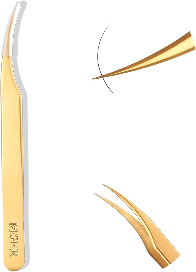 MGER Lash Tweezers for Eyelash Extensions, Professional Hand Calibrated Dolphin tip Tweezers&eyelash tweezers for lash extensions, isolation tweezers eyelash extensions, Gold