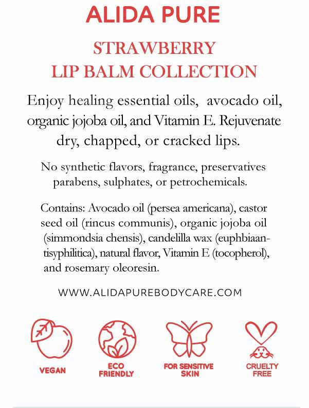 Strawberry Lip Balm Collection, Vegan Set, Beeswax Free, with Organic Jojoba and Avocado Oil, Vitamin E, Natural Moisturizer for Dry, Chapped Lips, 3 Tube Set