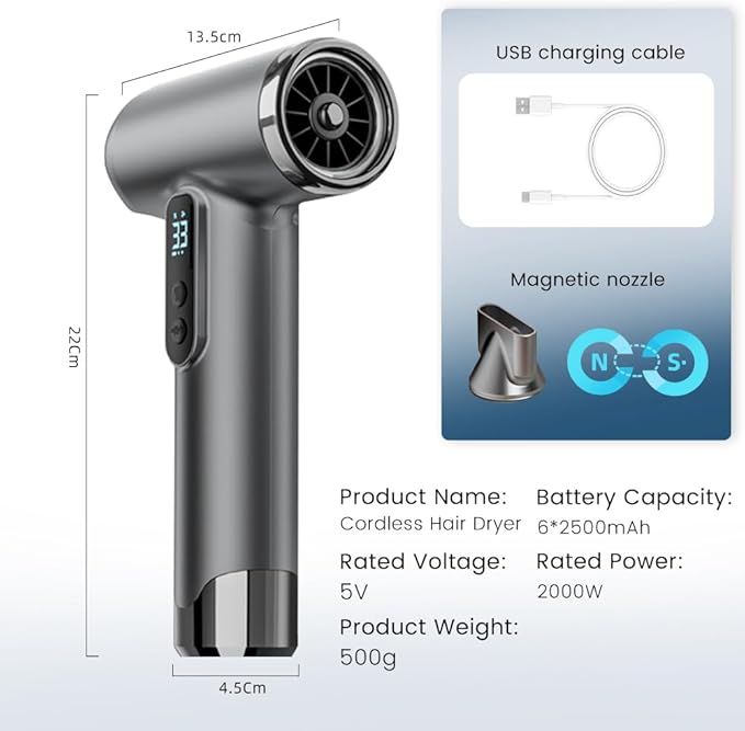 Cordless Hair Dryer, 15000mAh Battery, Rechargeable Hair Dryer, 3 Adjustable Hot and Cold Wind, Used for Travel, Camping, and RV.
