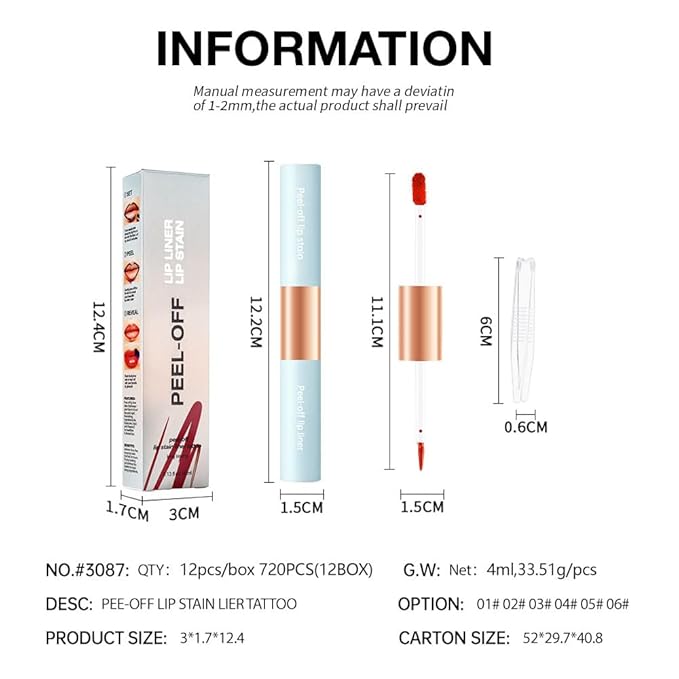 Double-head design Lip Stain Lip Liner Stain,Matte Finish Peel Off Lip Stain with Tweezer, Long Lasting Lightweight Smoothing Waterproof Smudge-proof Transfer-proof,Easy to Use,3#peach