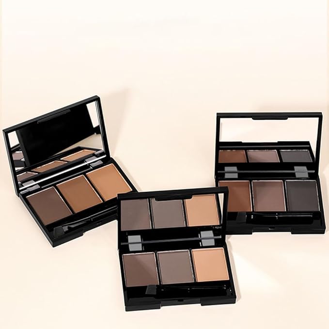 Brow Powder Kit – Long-Lasting 3-Color Brow Filler for Full, Defined Natural Brows, Contour Palette with Double-Ended Brush, sombra para cejas (01)