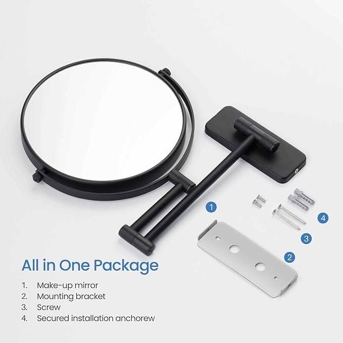 KIBI Circular Wall Mount Makeup Mirror, Dual-Sided 1x/5x Magnifying Mirror with Extendable Arm, 360° Swivel, Solid Brass Construction for Durability and Style (Matte Black - KMM100)