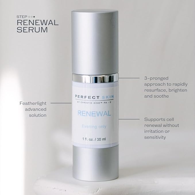 PERFECT SKIN BY CHRISTIE KIDD, PA-C Renewal Serum –Evening Only Exfoliating Serum w/Glycolic, Lactic Acid, Retinoid & Niacinamide – Brightens, Smooths, Reduces Fine Lines–Anti-Aging Skincare 1oz/30ml