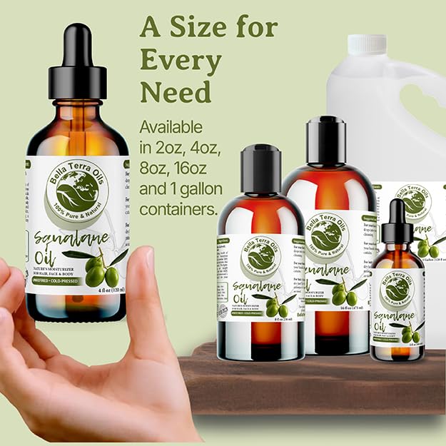 Bella Terra Oils - Organic Squalane Oil 4 oz - Dive into Organic, Olive-Derived, Ideal for Skin and Hair High in Vitamin E, Promotes Supple & Radiant Skin