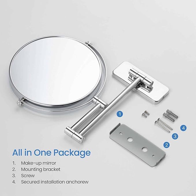 KIBI Circular Wall Mount Makeup Mirror, Dual-Sided 1x/5x Magnifying Mirror with Extendable Arm, 360° Swivel, Solid Brass Construction for Durability and Style (Chrome, KMM100)