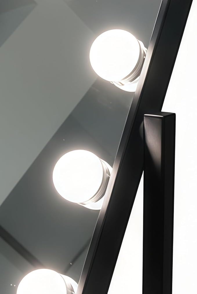 Lighted Vanity Mirror with 9 LED Lights, Detachable 10x Magnifying Mirror, 3-Color dimmable Hollywood Makeup Mirror, Smart Touch Control, Metal Frame, 360-degree Rotation, White/Black (Black)