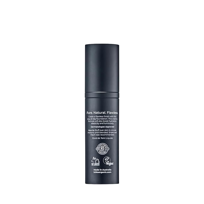 INIKA Organic Full Coverage Liquid Foundation Makeup with Hyaluronic Acid and Argan Oil, Vegan and Organic Foundation for Skin Elasticity and Plumpness, Natural Coverage, Porcelain, 30ml