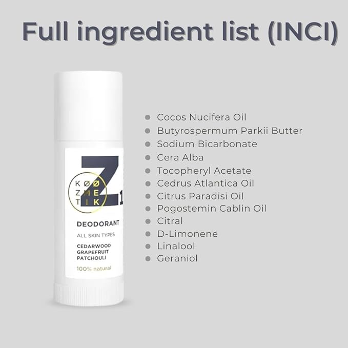 KØØZMETIK Z1 Natural Deodorant for Women & Men | 100% Aluminum-Free | Long-Lasting Freshness | Safe for All Skin Types | Supports Natural Sweating | Cedarwood,Grapefruit,Patchouli