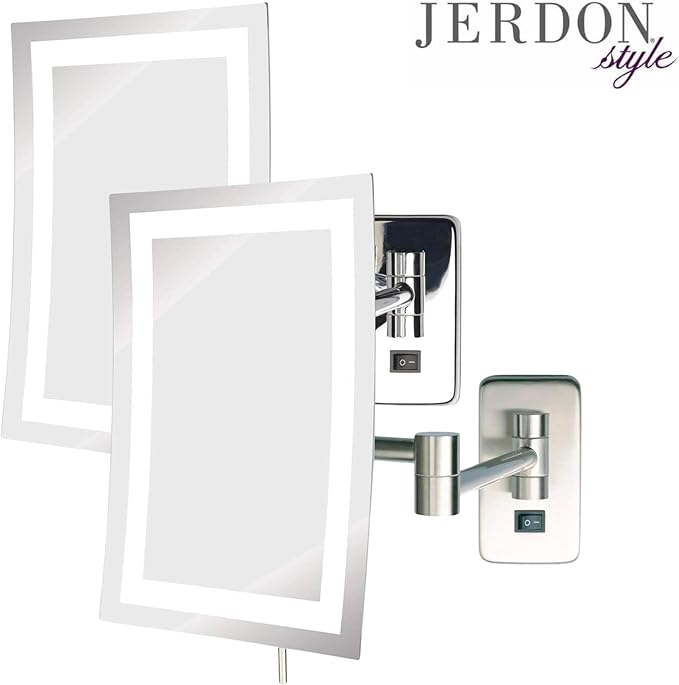 JERDON Rectangular Wall Mount Makeup Mirror - Direct Wire Makeup Mirror with 5X Magnification and LED Lights - Chrome Finish - Model JRT710CLD