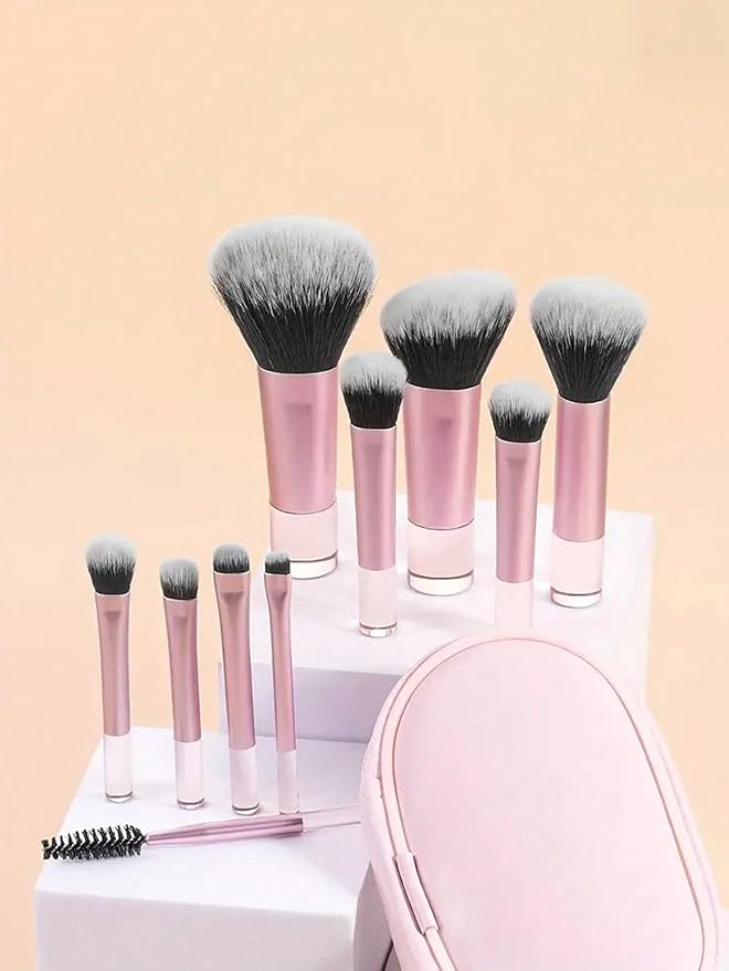 Glamberry Portable Mini Travel Makeup Brushes Set,10pcs Pink Easy-taken Cosmetic Brushes Kit with Brush Pouch, On the Go Cute Short Makeup Brush Small Travel Essentials for Women, Girls