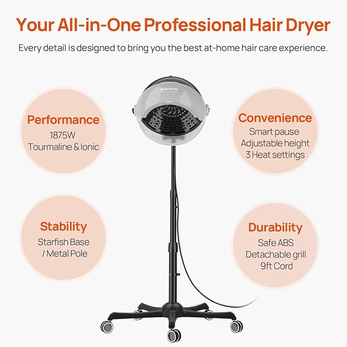 1875W Ionic Standing Hair Dryer, Professional Salon Bonnet Dryer on Wheels, Adjustable Hood & Height, 3 Heat Settings, Quick Shut-Off Rolling Hair Steamer Machine for Deep Conditioning & Styling, Gray