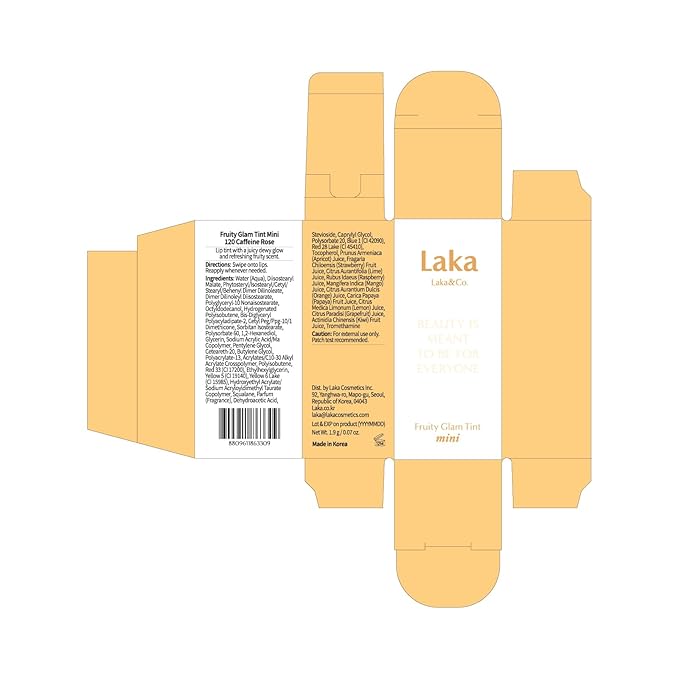 Laka Fruity Glam Lip Tint Mini, Glowing Lip Stain with Wide Color Spectrum, Hydrating & Lightweight Texture, Long-Lasting Bold Stain, Non-Sticky, Vegan, K-Beauty (120 Caffeine Rose)