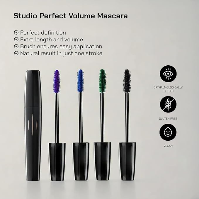 Radiant Professional Studio Perfect Mascara Volume and Length – Smudge-Proof, Cruelty Free, Lengthening Mascara with Silicone Brush & Natural Wax – Black (01), 0.30 oz