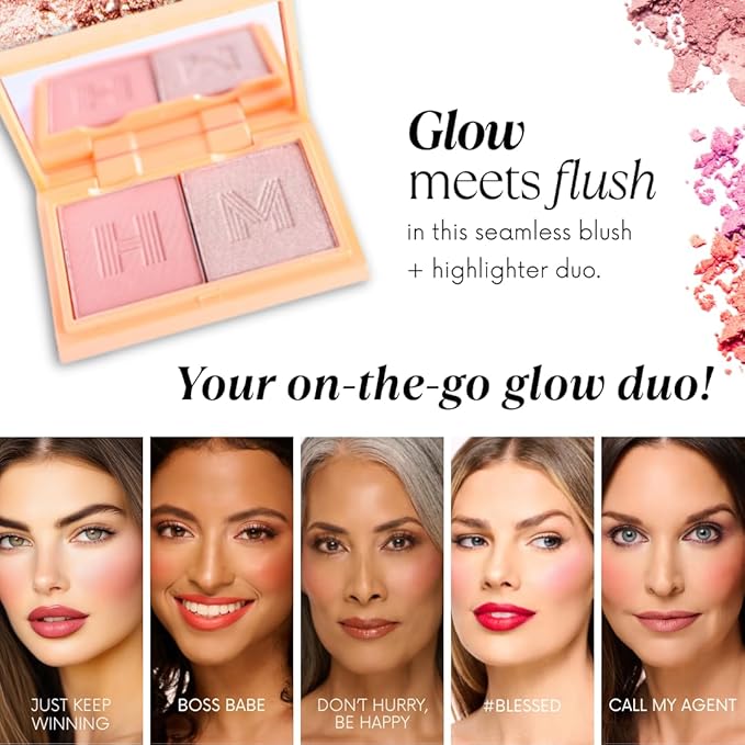 Blush + Brighten Highlighter Duo, Mini Lightweight Blendable Shimmer Blush, High Pigmented Makeup Powder Palettes, Cruelty Free - Just Keep Winning