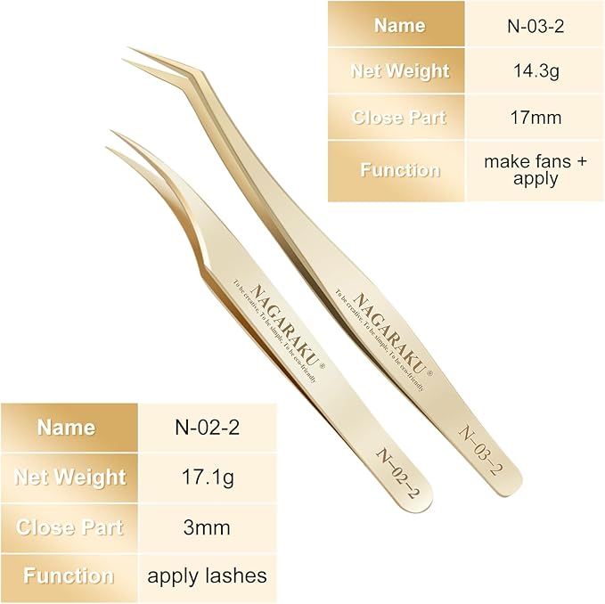 NAGARAKU Eyelash Extension Tweezers Gold Straight Curved Angled Long tip Volume Cluster Light Weight Easy Fanning Tweezer Stainless Steel Precision 1 Pair Lash Applicator Tool (N-02-2 & N-03-2)