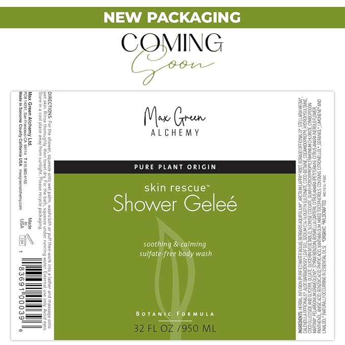 Skin Rescue Shower Gel, 32 fl oz, Natural Moisturizing Body Wash, Soothing Calming Essential Oils in an Organic Botanical Formula with Skin Friendly pH, Makes Luxurious Foam, Sulphate Free, Vegan