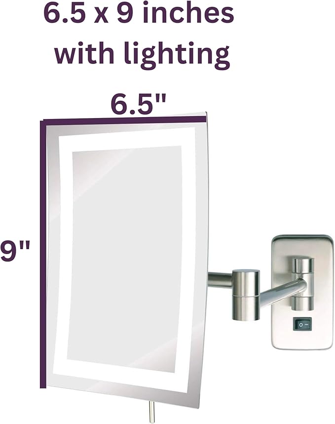 JERDON Rectangular Wall Mount Makeup Mirror - Direct Wire Makeup Mirror with 5X Magnification and LED Lights - Nickel Finish - Model JRT710NLD