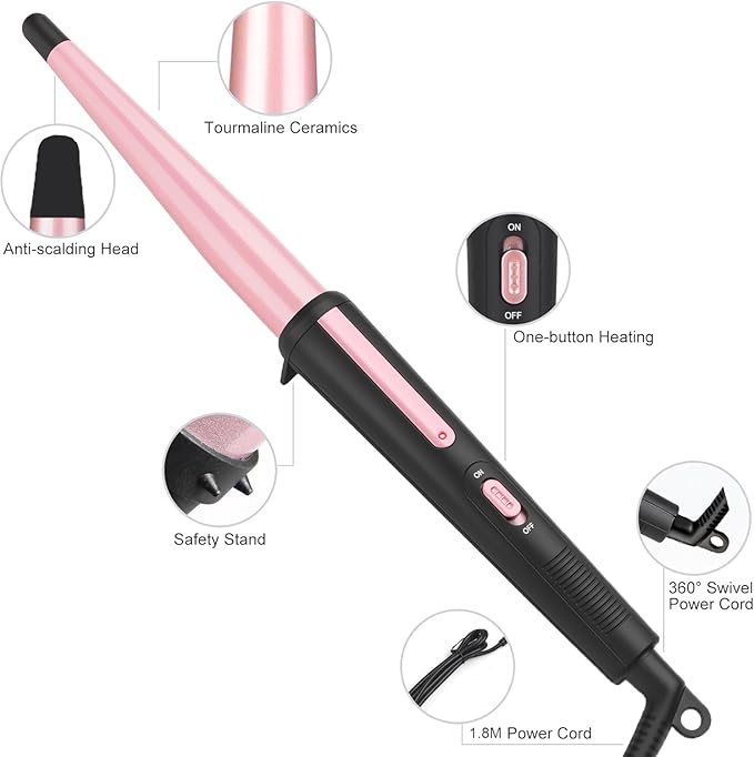 Hair Curling Wand, 0.5-1Inch Tapered Curling Iron, Professional Ceramic Hair Curler Wand with Heat-Resistant Glove, Dual Voltage (Pink)