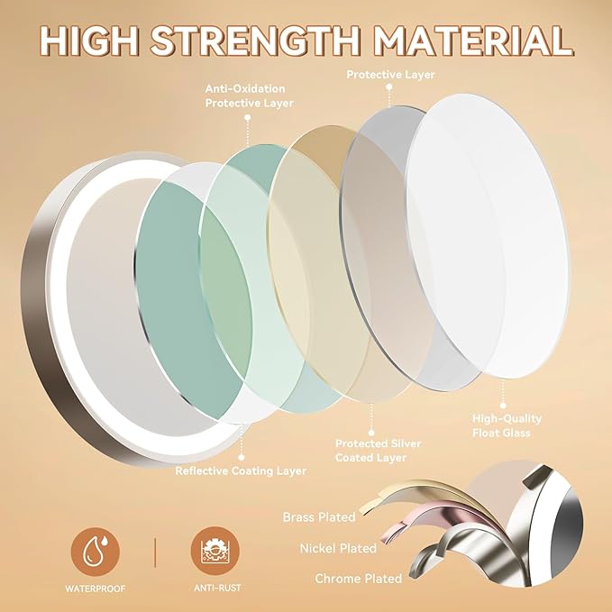 Auxmir 8'' Wall Mounted Lighted Makeup Mirror, 3200mAh Rechargeable Double-Sided 1X/20X Magnifying Mirror with Light, Touch Dimmable 3 Color Light, 360ยฐ Rotation Foldable Extended Arm, Nickel