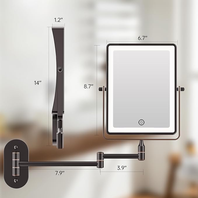 FASCINATE 5000mAh Rechargeable Wall Mounted Makeup Mirror, 8.7" Double Sided Touch Switch 1X 30X Rectangle Wall Mounted Magnifying Mirror with Light, 3 Color Setting, Extended Arm 360° Foldable Bronze