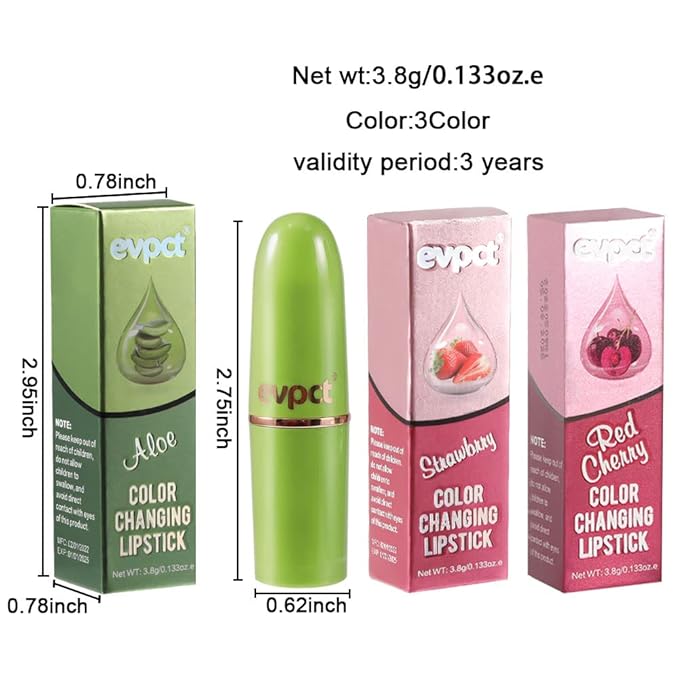 BINGBRUSH Aloe vera Color Changing Lipstick,Moisturizer Long Lasting Lip Care Magic Lip Gloss,Mood Makeup Lipstick Set,24 hours original(3Pcs Aloe+Strawberry+Cherry, 3 Count (Pack of 1))