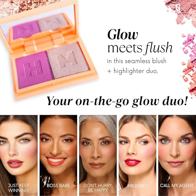 Blush + Brighten Highlighter Duo, Mini Lightweight Blendable Shimmer Blush, High Pigmented Makeup Powder Palettes, Cruelty Free - #Blessed