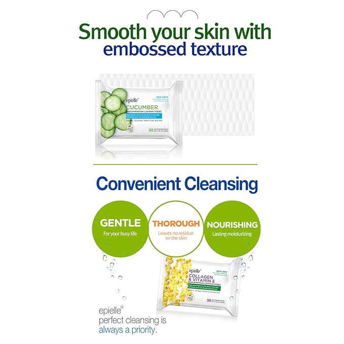 Epielle Makeup Remover Wipes, Remove Waterproof Mascara, Gentle Daily Facial Cleanser Towelettes with Collagen, Tea Tree & Aloe Vera, Stocking Stuffers, 30 Count (Pack of 6)