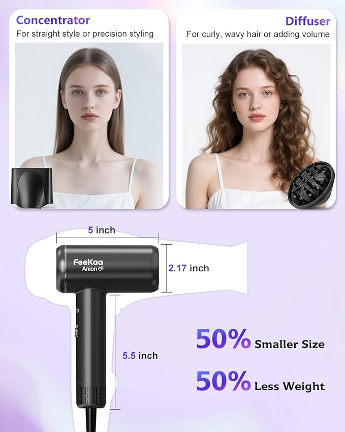 Feekaa Mini Hair Dryer, Small Ionic Hair Dryers for Women with 200 Millions Negative Ion, 110000 RPM High Speed Blow Dryer for Fast Drying, Hair Dryer with Diffuser & Nozzle, Compact Lightweight Quiet