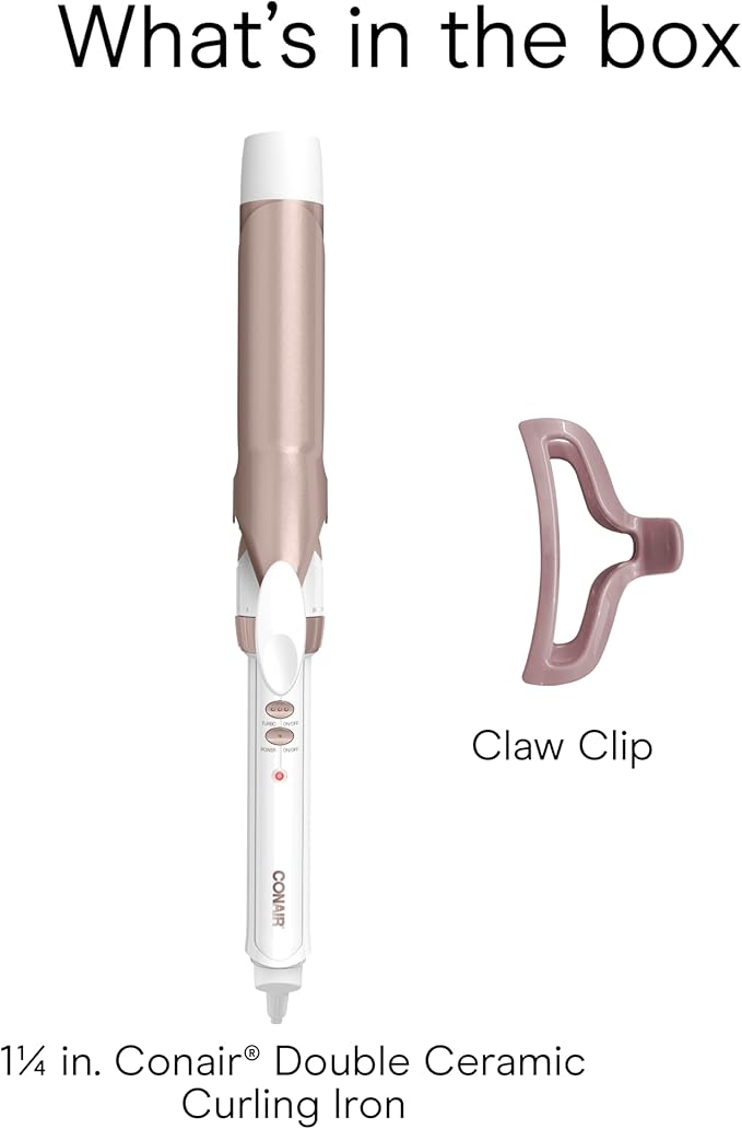 Conair Double Ceramic 1 ¼-Inch Curling Iron with Claw Clip, 1 ¼ -Inch Barrel Creates Loose Curls, Hair Curler for Use on Medium & Long Hair, White/Rose Gold