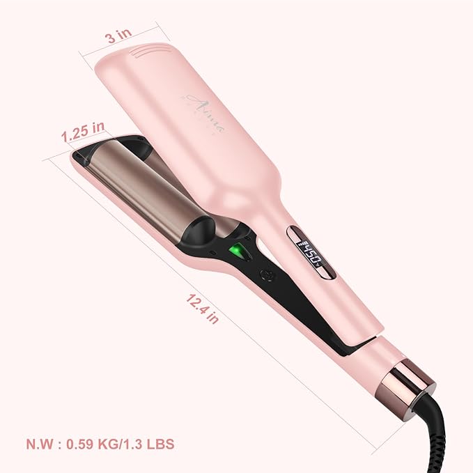 32mm (1.25") Aima Beauty Twins Mermaid Loose Waves Hair Waver, Anti-Scald Wave Curling Iron, Curling Wand 2 Barrel Hair Crimper for Women PTC 15S Heats Up Dual Voltage Medium/Long Hair Pink