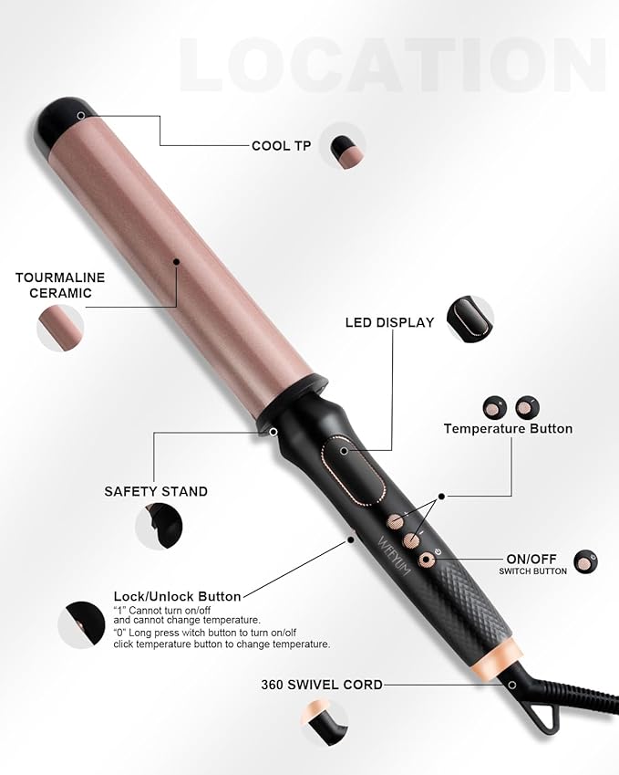 1 1/2 Inch Curling Wand,Ceramic Tourmaline Curling Iron Wand Professional for Beach Wave,Hair Curler Wand with No Clamp for Quick Styling,12 Adjustment Temperature,60 Minutes Auto Shut Off