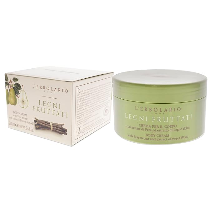 L'Erbolario Body Cream - Moisturizing Body Butter for Dry Skin - Anti-Aging, Toning Skin Care with Woody Scent - Pear Nectar and Sweet Woods - 8.4 oz