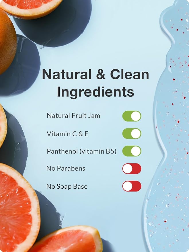 Kustie Grapefruit Jam Body Wash, Exfoliating Shower Gel with Strawberry Seeds, Grapefruit Extract & Squalane – Refreshing, Brightening & Nourishing Cleanser for Dry & Sensitive Skin, 19.6 fl oz