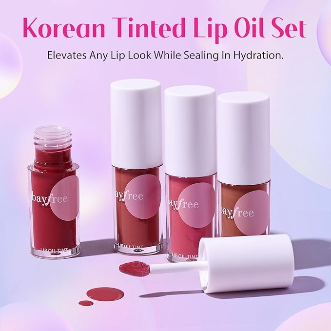 Tinted Lip Oil Stain Set, Hydrating High Shine Lip Gloss Set, Long-Lasting Bright Color Lipgloss for Dull Lips, Weightless & Non-Sticky, Vegan Korean Makeup, Crystal Finish