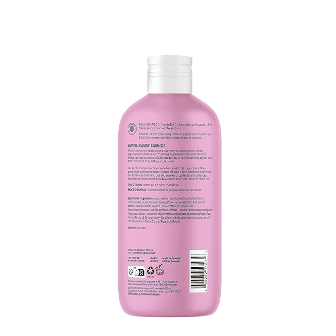 ATTITUDE Body Wash, EWG Verified Shower Gel, Dermatologically Tested, Plant and Mineral-Based, Vegan Personal Care Products, White Tea Leaves, 16 Fl Oz (Pack of 6)