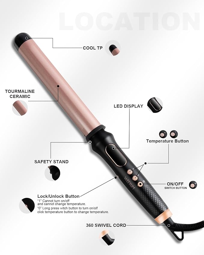 1 1/4 Inch Curling Wand,Ceramic Tourmaline Curling Iron Wand Professional for Beach Wave,Hair Curler Wand with No Clamp for Quick Styling,12 Adjustment Temperature,60 Minutes Auto Shut Off