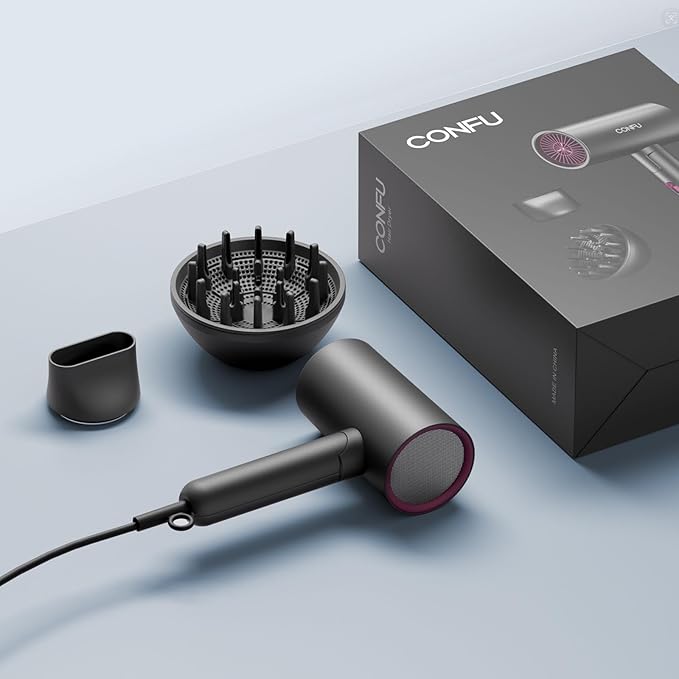 CONFU Diffuser Hair Dryer for Curly Hair,1500W Fast Drying Blow Dryer with Diffuser for Women,Compact & Portable Negative Ion Hairdryer Blowdryer,Lightweight and Foldable Design for Travel(Gray)