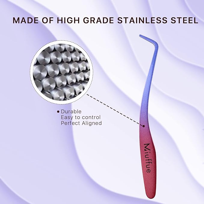 Lash Applicator Tool DIY Eyelash Applicator Stainless Steel Curved Eyelash Tweezers for Cluster Lashes, Purple Gradient