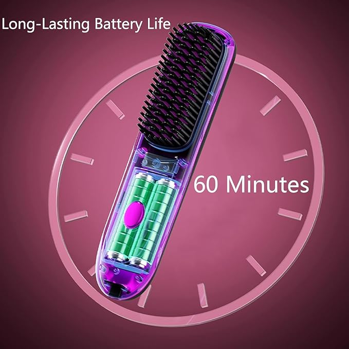 Go Brush Pro Hair Straightener – Cordless Comb with Negative Ion, 7400mAh Fast Heating & Portable Travel Design, Rechargeable Brush for Straightening and Curling (Red-1Pcs)