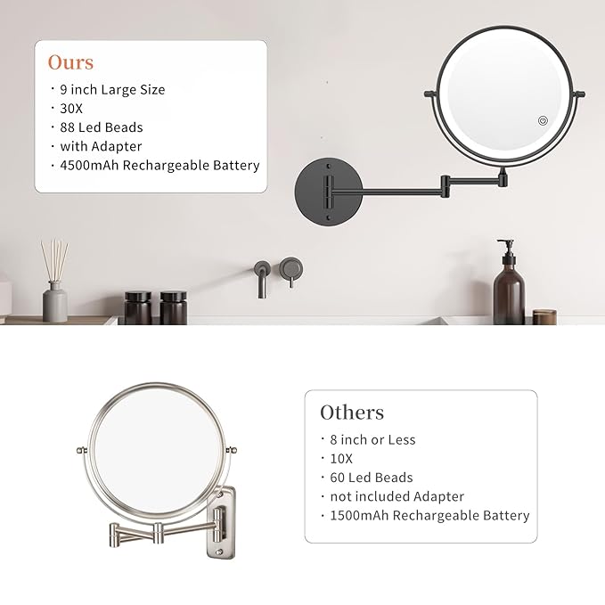 FUNTOUCH 10" 1X/30X Wall Mounted Lighted Makeup Mirror, 4500mAh Rechargeable Double Sided Magnifying Mirror with Adapter, 3 Color Lights,Touch Dimmable, 360 Rotation Extended Arm for Bathroom,Black