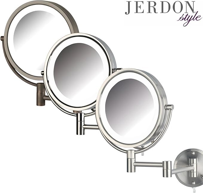 JERDON Wall-Mounted Vanity Mirror with Lights - Lighted Makeup Mirror with 8X Magnification & Chrome Finish - Plug in Model HL88CL