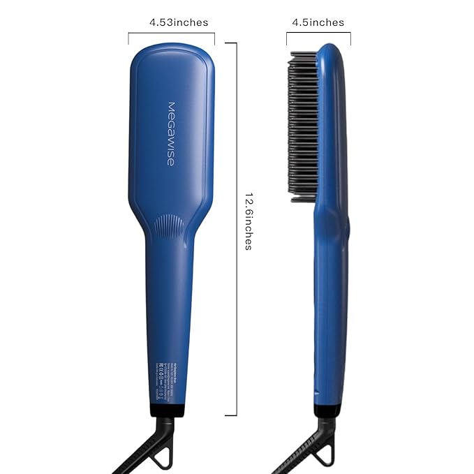 MEGAWISE Pro Ceramic Ionic Hair Straightener Brush for Home Salon, Straightening Hair Brush with 20s Heating Tech, Auto-Off, Anti-Scald with Universal Dual Voltage,Rotatable Power Cord, Gentian Blue