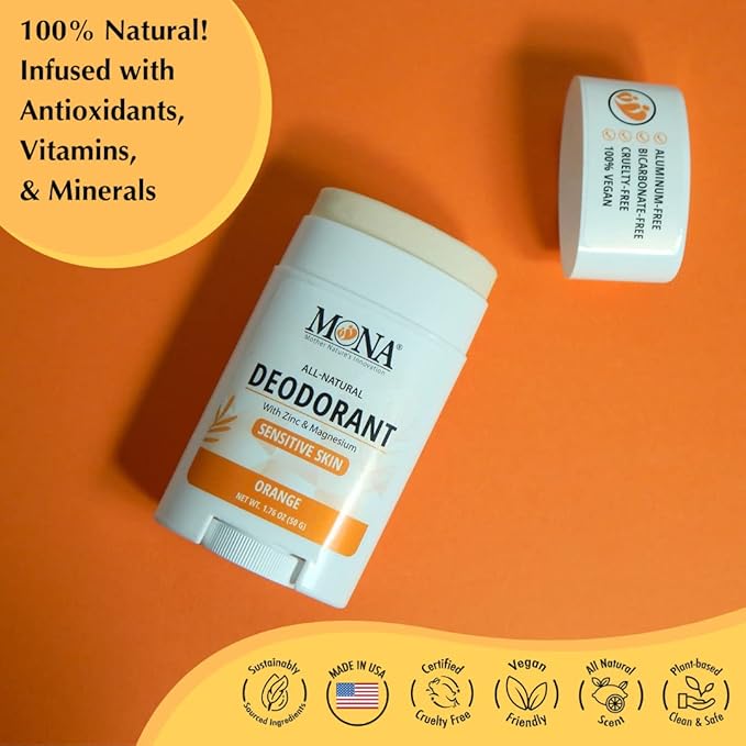 MONA BRANDS All Natural Deodorant For Women & Men | For Sensitive Skin | No Aluminum or Baking Soda | (ORANGE 1.76 Oz)