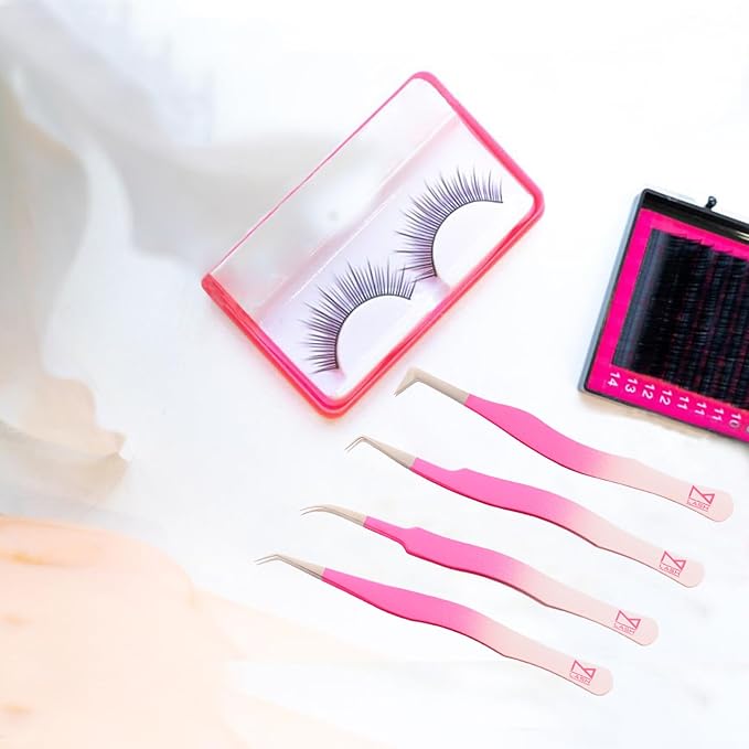 M LASH Eyelash Tweezers for Eyelash Extensions (Set of 4) - Professional Lash Extension Tweezers - Fiber Tip Lash Tweezers, Japanese Steel, Diamond Grip For Flawless Application (Lilac)
