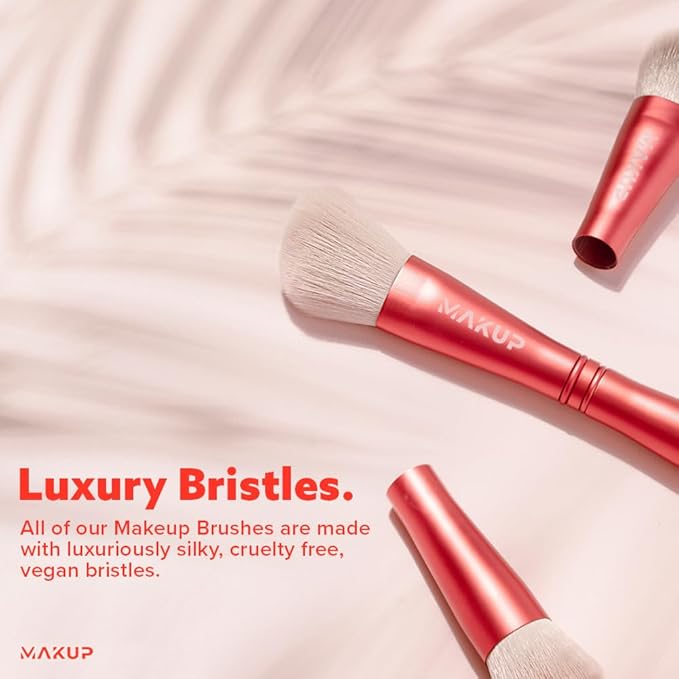 MAKUP JetSetter 4 in 1 Travel Makeup Brush - All in One Set includes Kabuki Liquid Foundation, Blush, Contour, Eyeshadow & Angeled Brush for Brow and Eyeliner. Luxurious, Ultra Soft, Vegan Bristles.