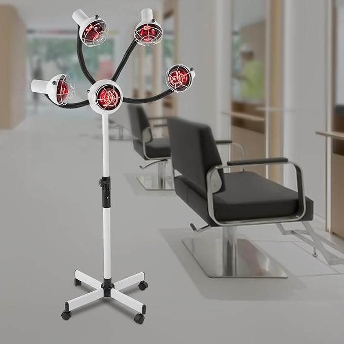 750W 5Heads Infrared Heat Lamp,Hairdressing Heater,Hair Dryer,Infrared Lamp 5 Head for Hair Salon Hairdressing Hair Color Processor & Dryer with Rolling Base,Height & Temperature Adjustable